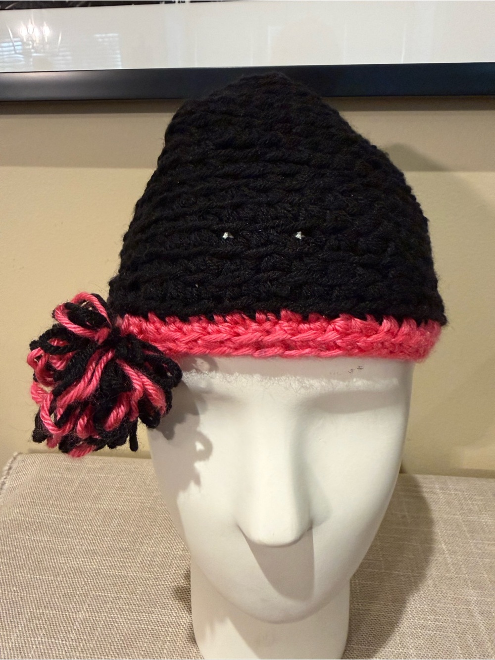 Handmade Black Hot Pink Crochet Beanie Hat with Side Pom Pom One Size